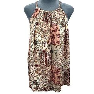 Drew Floral Pleated Halter Tank Top Medium Cottage Patchwork Earthtones Bling
